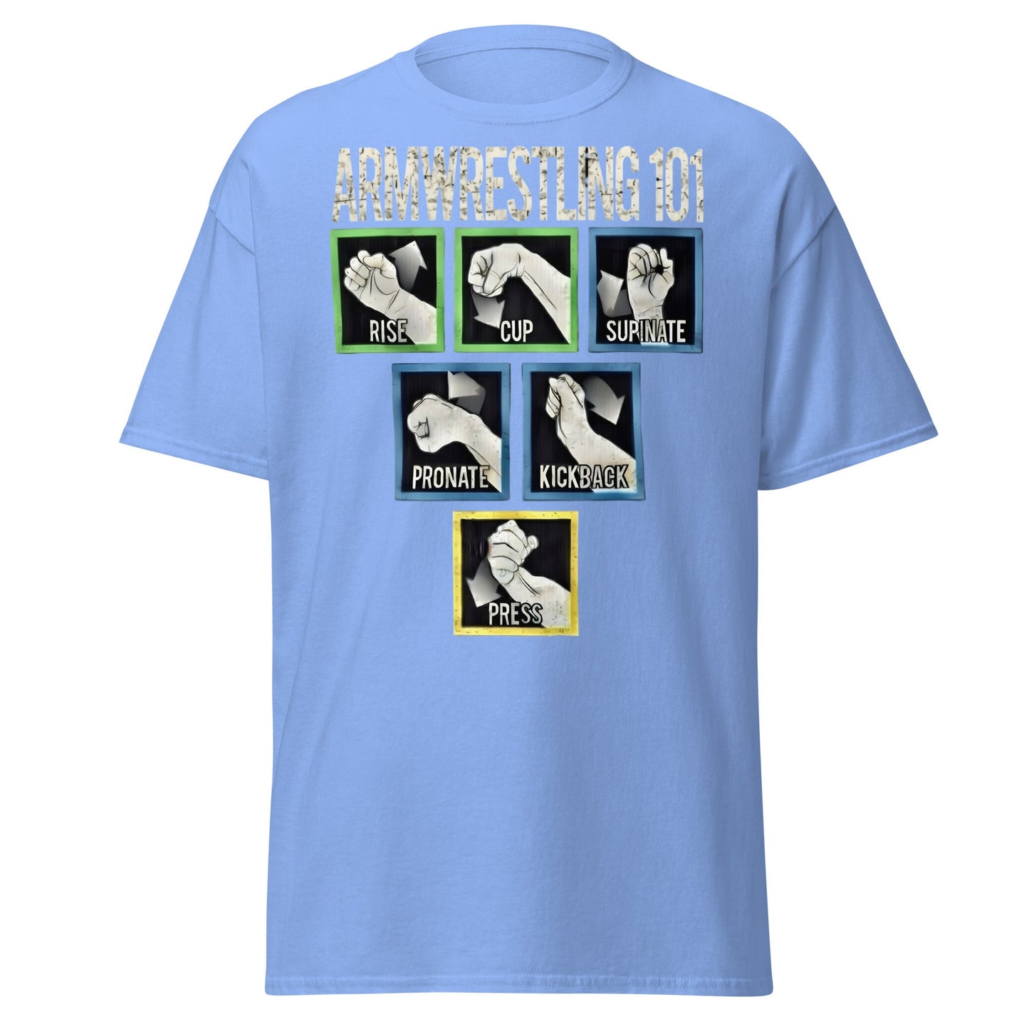 Arm Wrestling 101 Graphic Tee - Pro Techniques Shirt - Carolina Blue - T-Shirts Online