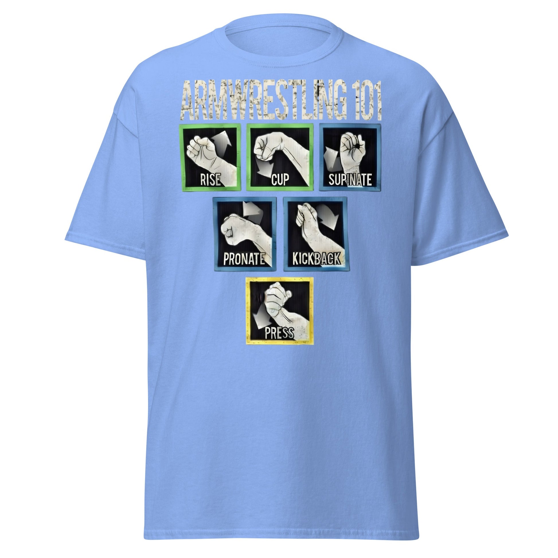 Arm Wrestling 101 Graphic Tee - Pro Techniques Shirt - Carolina Blue - T-Shirts Online