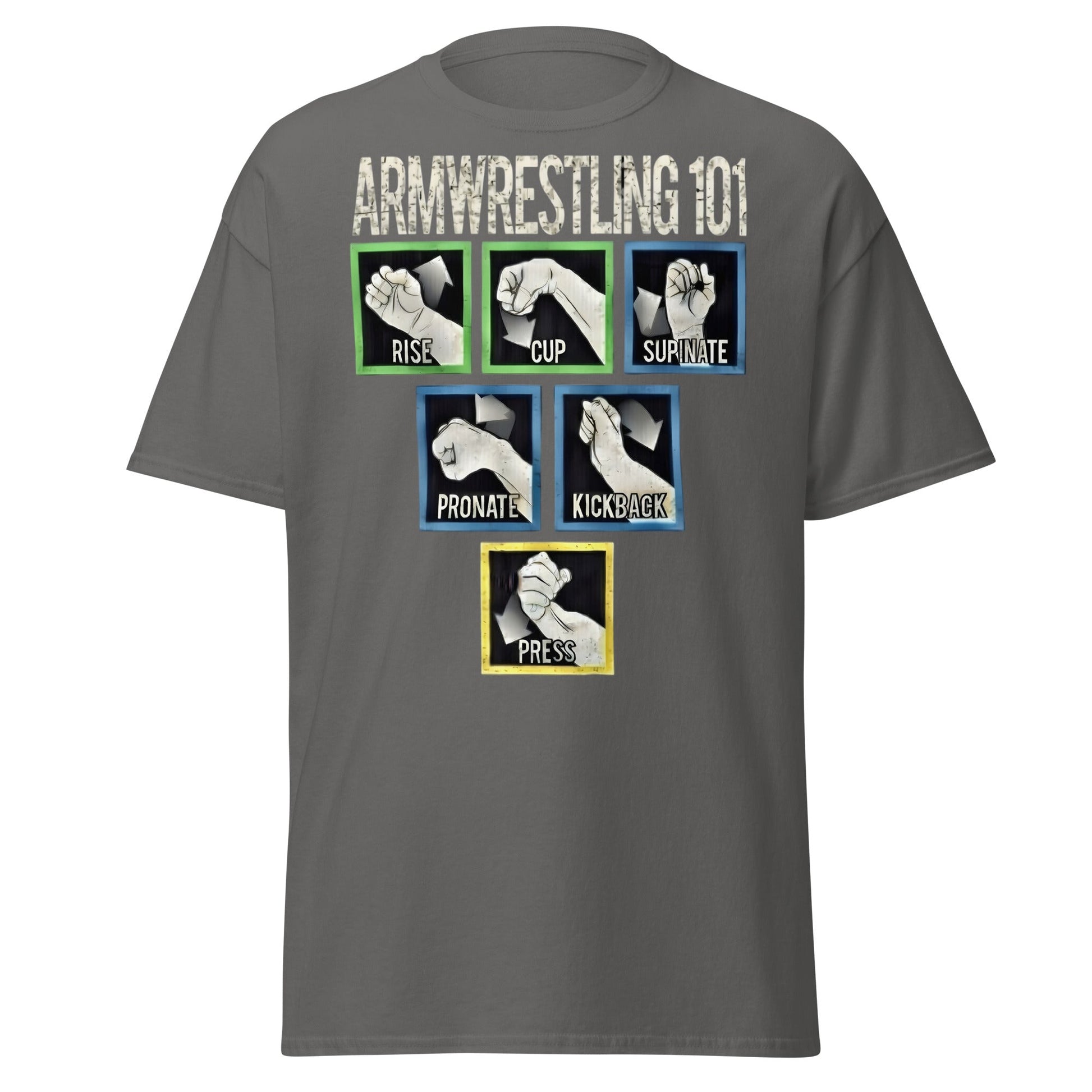 Arm Wrestling 101 Graphic Tee - Pro Techniques Shirt - Charcoal - T-Shirts Online
