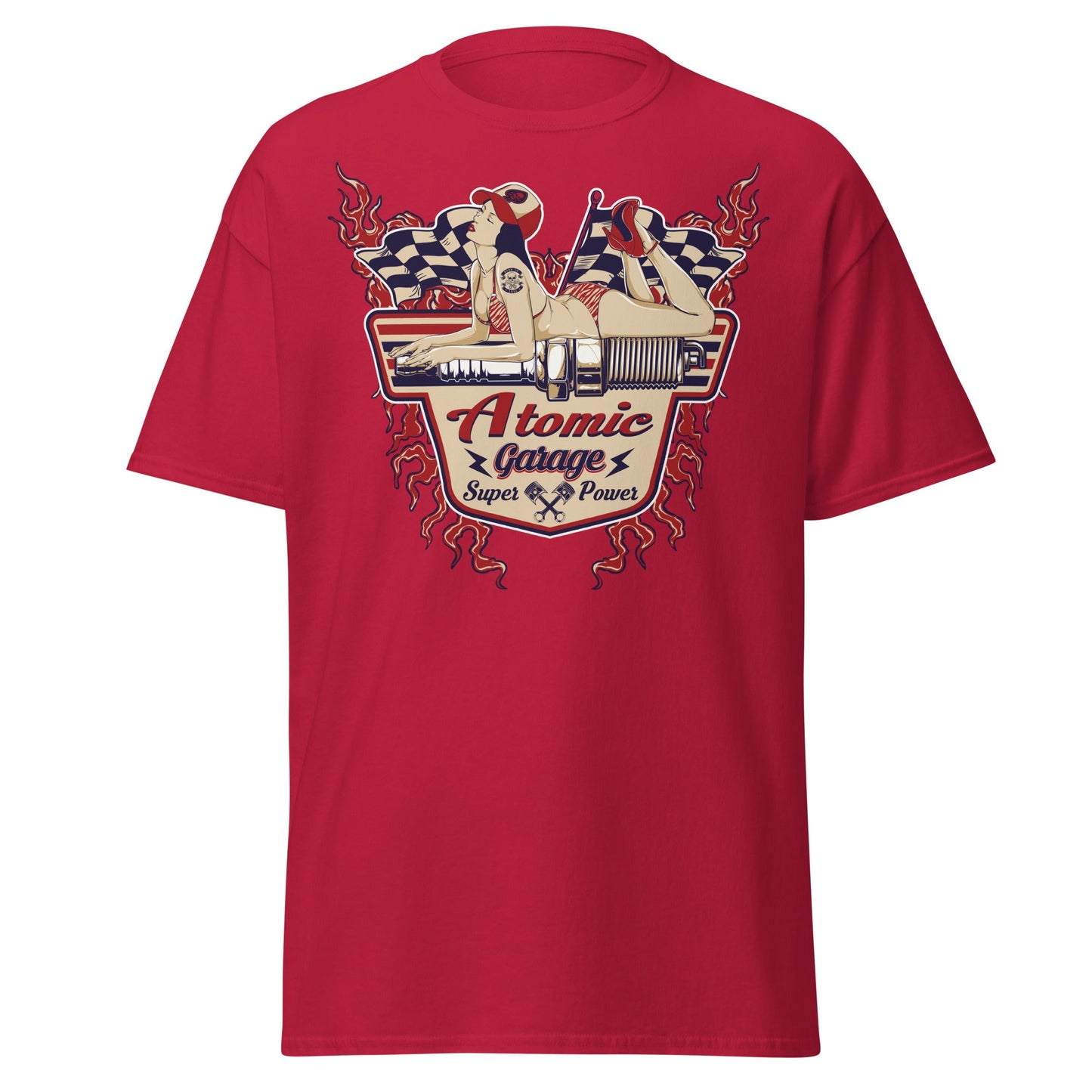 Atomic Garage Pin - Up Spark Plug Hot Rod T-Shirt - Cardinal - T-Shirts Online