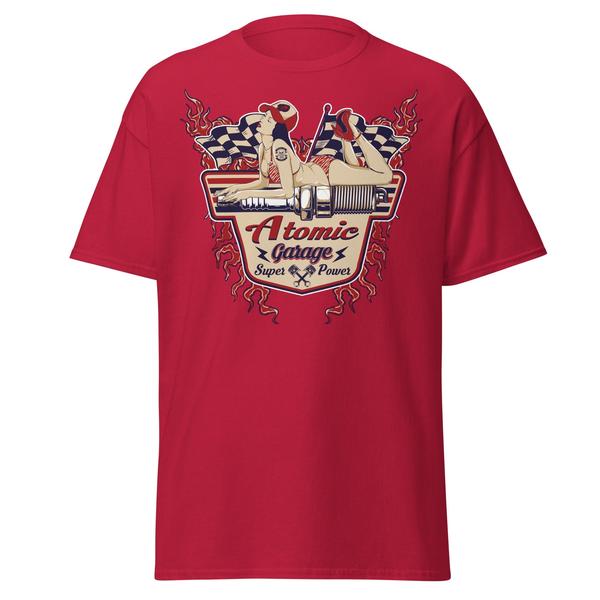 Atomic Garage Pin - Up Spark Plug Hot Rod T-Shirt - Cardinal - T-Shirts Online
