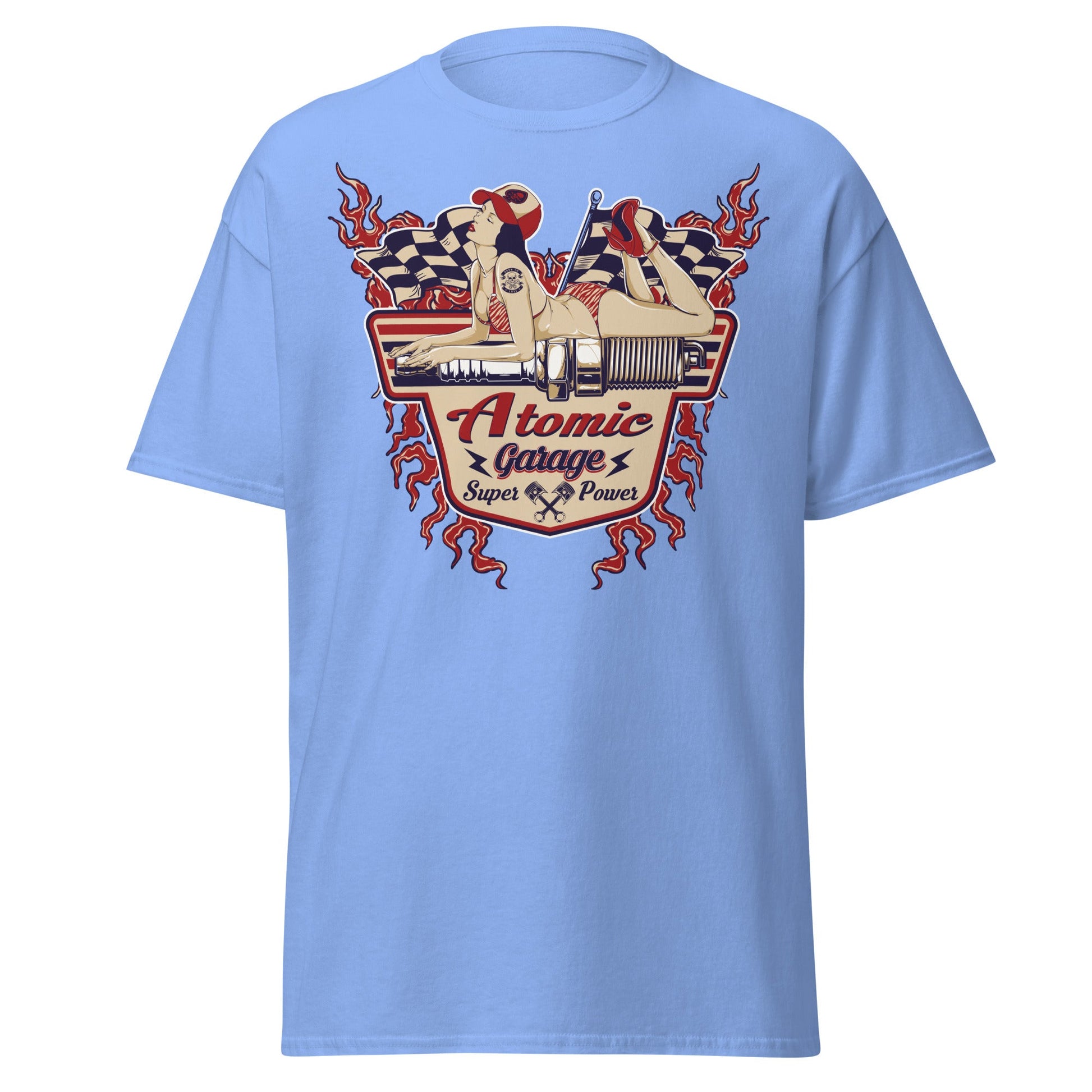 Atomic Garage Pin - Up Spark Plug Hot Rod T-Shirt - Carolina Blue - T-Shirts Online