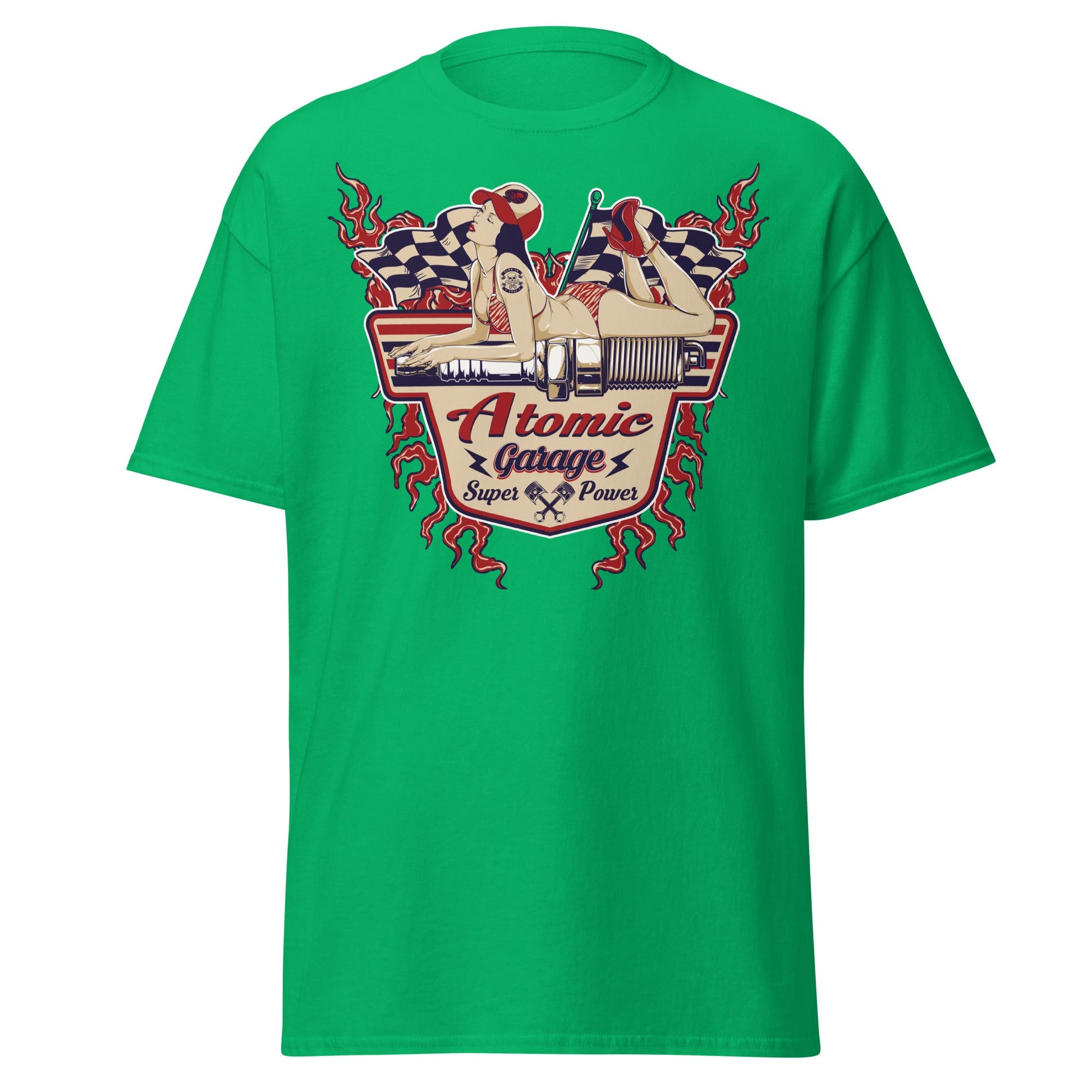 Atomic Garage Pin - Up Spark Plug Hot Rod T-Shirt - Irish Green - T-Shirts Online