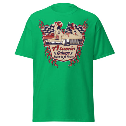 Atomic Garage Pin - Up Spark Plug Hot Rod T-Shirt - Irish Green - T-Shirts Online
