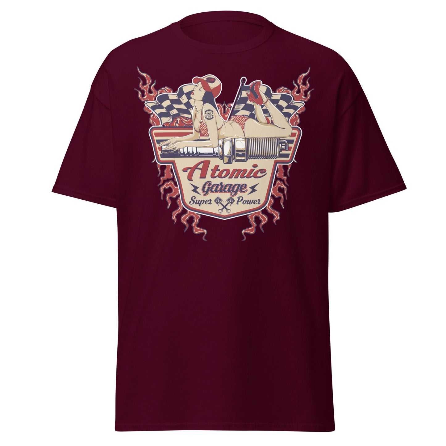Atomic Garage Pin - Up Spark Plug Hot Rod T-Shirt - Maroon - T-Shirts Online