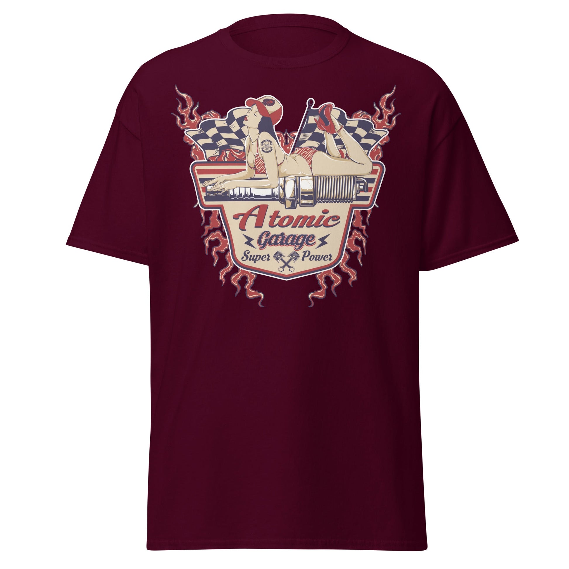 Atomic Garage Pin - Up Spark Plug Hot Rod T-Shirt - Maroon - T-Shirts Online