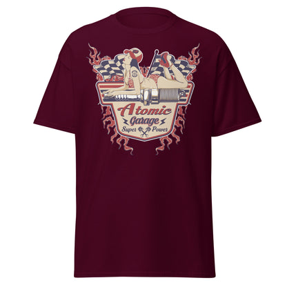 Atomic Garage Pin - Up Spark Plug Hot Rod T-Shirt - Maroon - T-Shirts Online