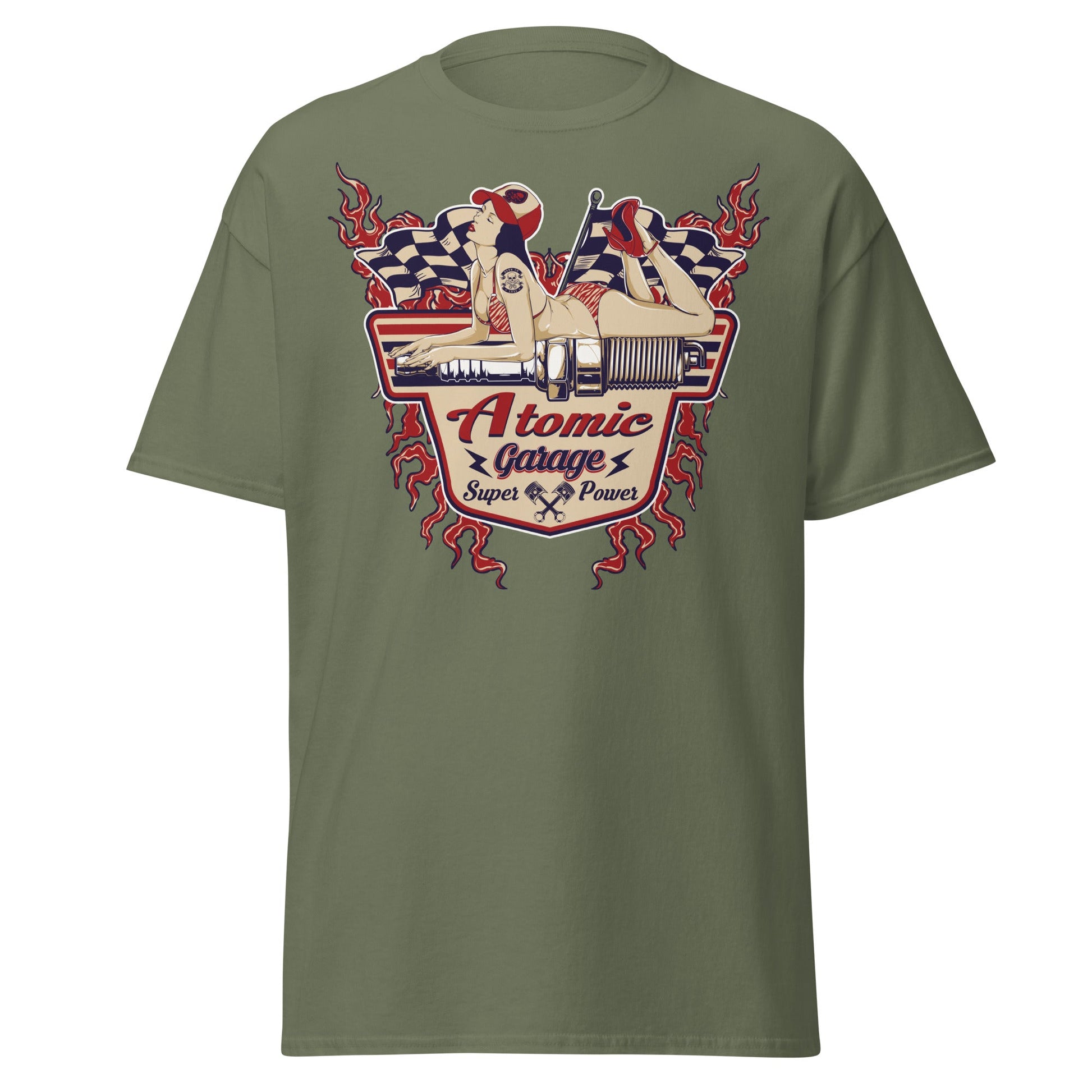 Atomic Garage Pin - Up Spark Plug Hot Rod T-Shirt - Military Green - T-Shirts Online