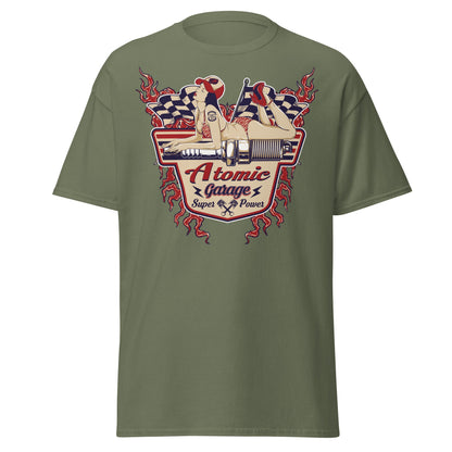 Atomic Garage Pin - Up Spark Plug Hot Rod T-Shirt - Military Green - T-Shirts Online
