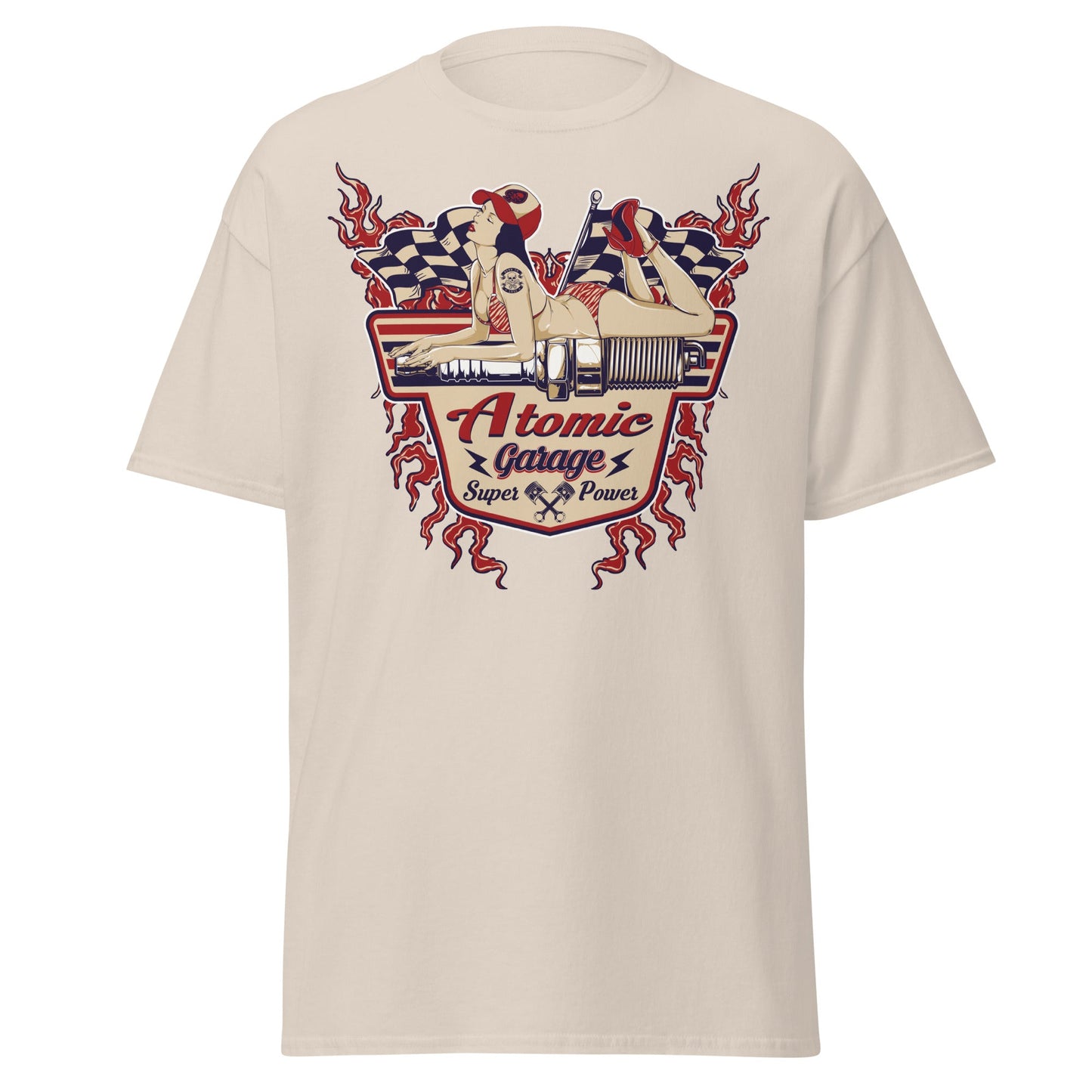 Atomic Garage Pin - Up Spark Plug Hot Rod T-Shirt - Natural - T-Shirts Online
