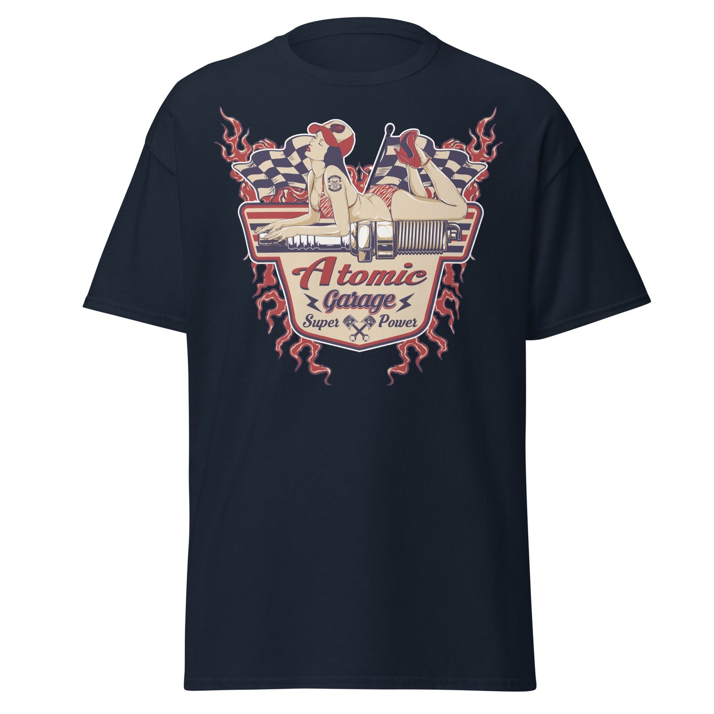 Atomic Garage Pin - Up Spark Plug Hot Rod T-Shirt - Navy - T-Shirts Online