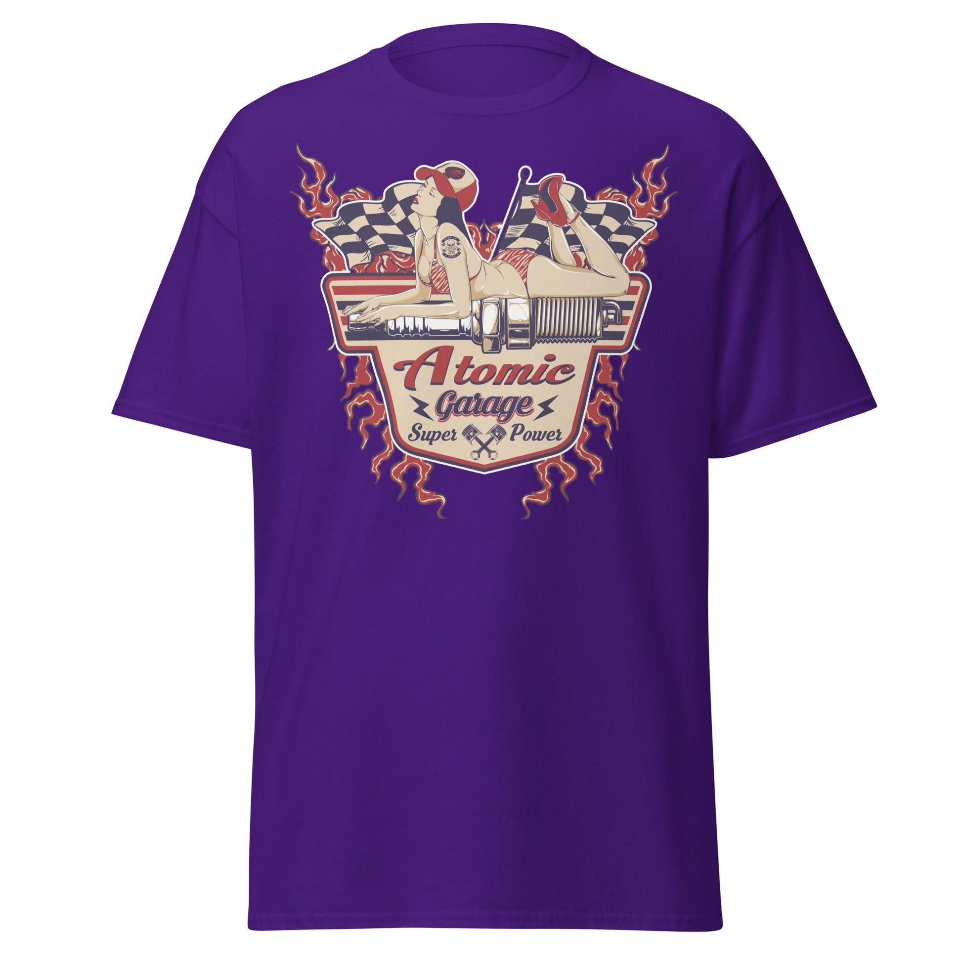 Atomic Garage Pin - Up Spark Plug Hot Rod T-Shirt - Purple - T-Shirts Online