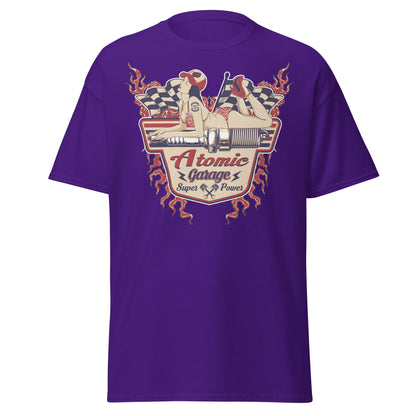 Atomic Garage Pin - Up Spark Plug Hot Rod T-Shirt - Purple - T-Shirts Online