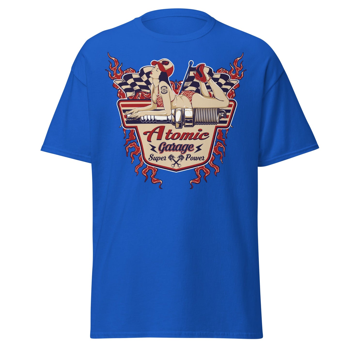Atomic Garage Pin - Up Spark Plug Hot Rod T-Shirt - Royal - T-Shirts Online