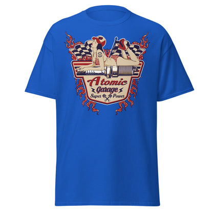 Atomic Garage Pin - Up Spark Plug Hot Rod T-Shirt - Royal - T-Shirts Online