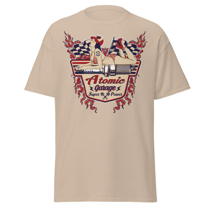 Atomic Garage Pin - Up Spark Plug Hot Rod T-Shirt - Sand - T-Shirts Online