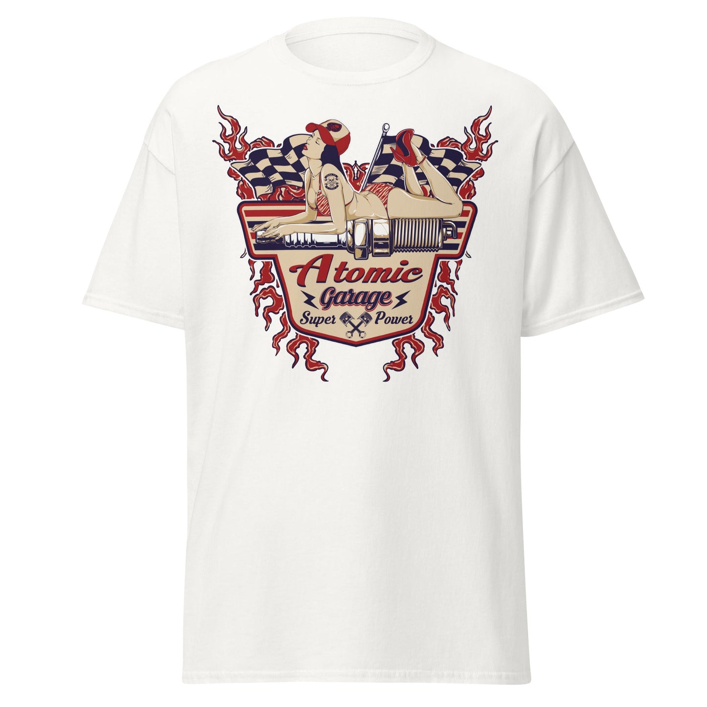 Atomic Garage Pin - Up Spark Plug Hot Rod T-Shirt - White - T-Shirts Online