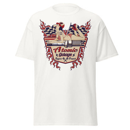 Atomic Garage Pin - Up Spark Plug Hot Rod T-Shirt - White - T-Shirts Online