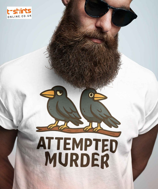 Two cartoon crows perched on a branch with the caption “Attempted Murder” in bold, playful font.Online