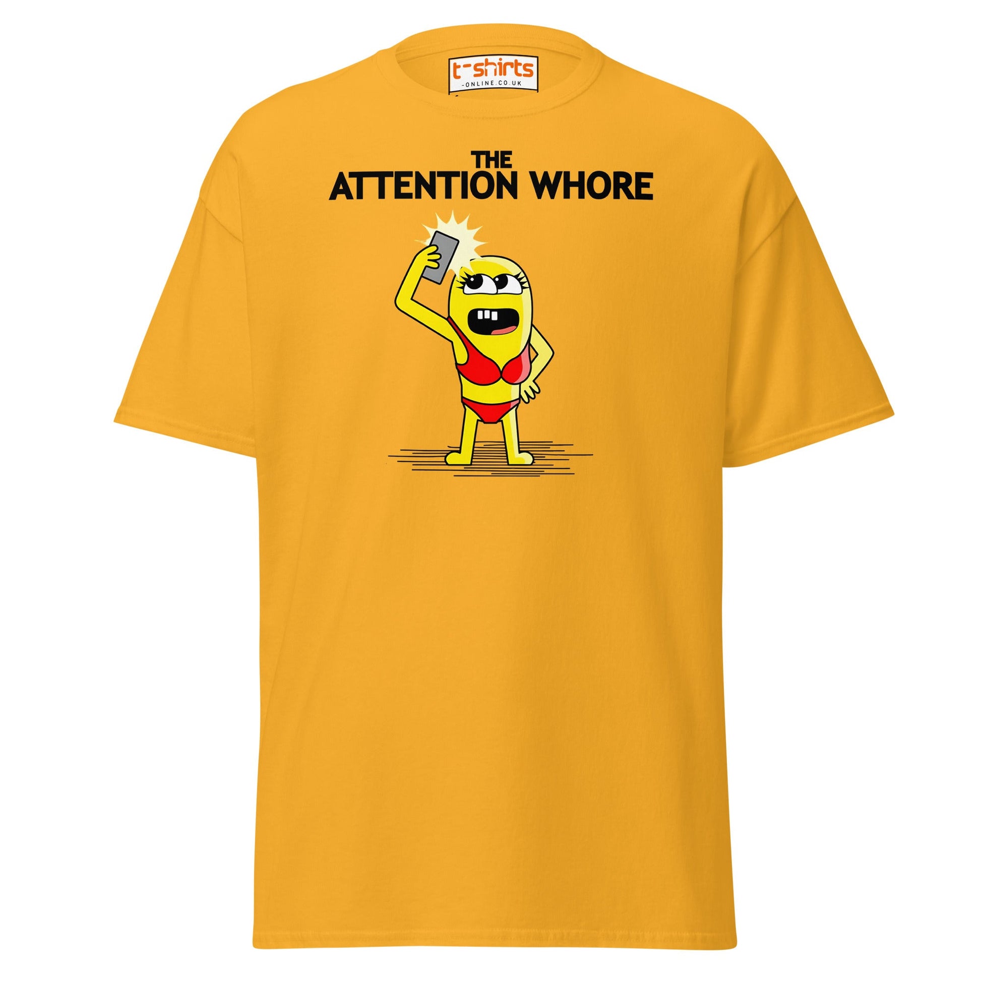 Attention Whore T-Shirt | Funny Cartoon Adult Humor Tee - Gold - T-Shirts Online