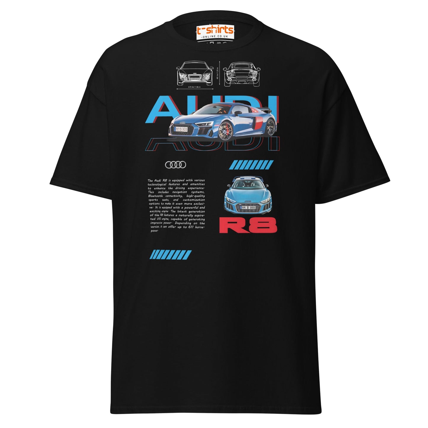 Audi R8 Blueprint T-Shirt | Supercar Enthusiast Tee - Black - T-Shirts Online