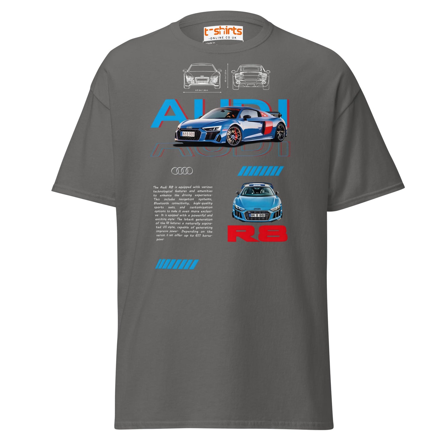 Audi R8 Blueprint T-Shirt | Supercar Enthusiast Tee - Charcoal - T-Shirts Online