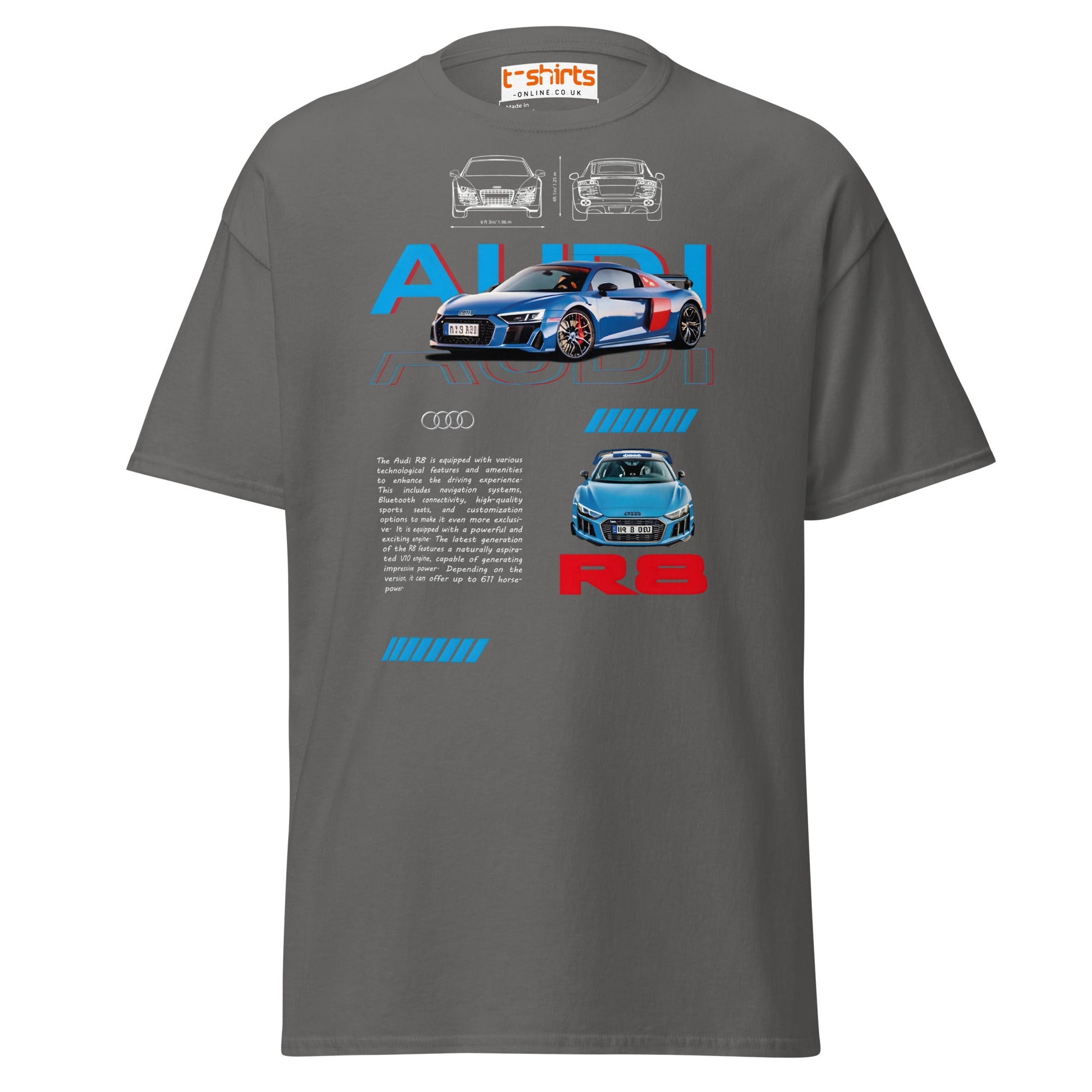 Audi R8 Blueprint T-Shirt | Supercar Enthusiast Tee - Charcoal - T-Shirts Online