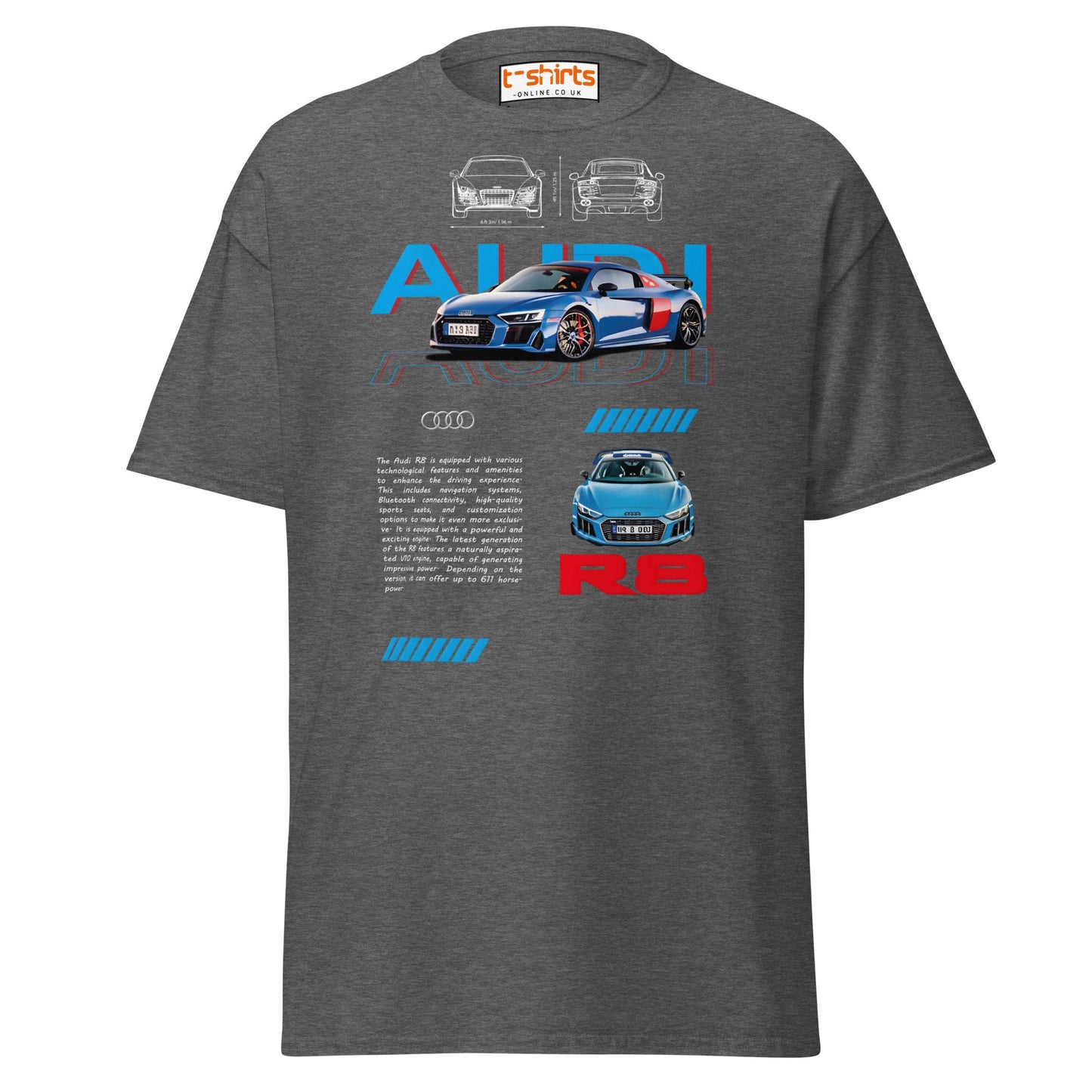 Audi R8 Blueprint T-Shirt | Supercar Enthusiast Tee - Dark Heather - T-Shirts Online