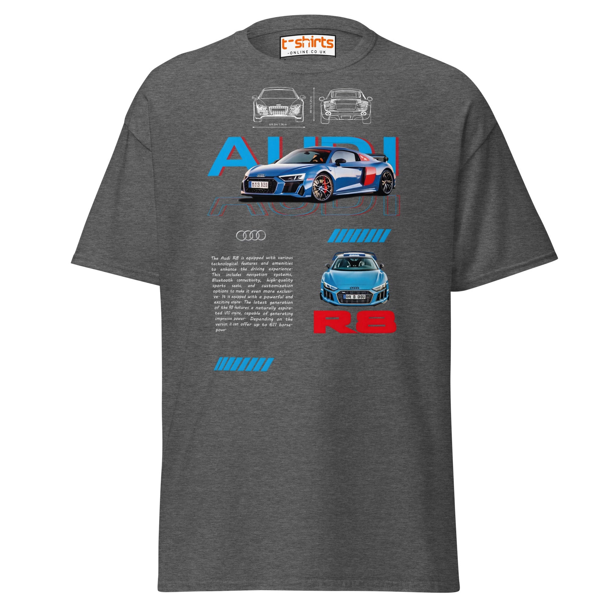 Audi R8 Blueprint T-Shirt | Supercar Enthusiast Tee - Dark Heather - T-Shirts Online