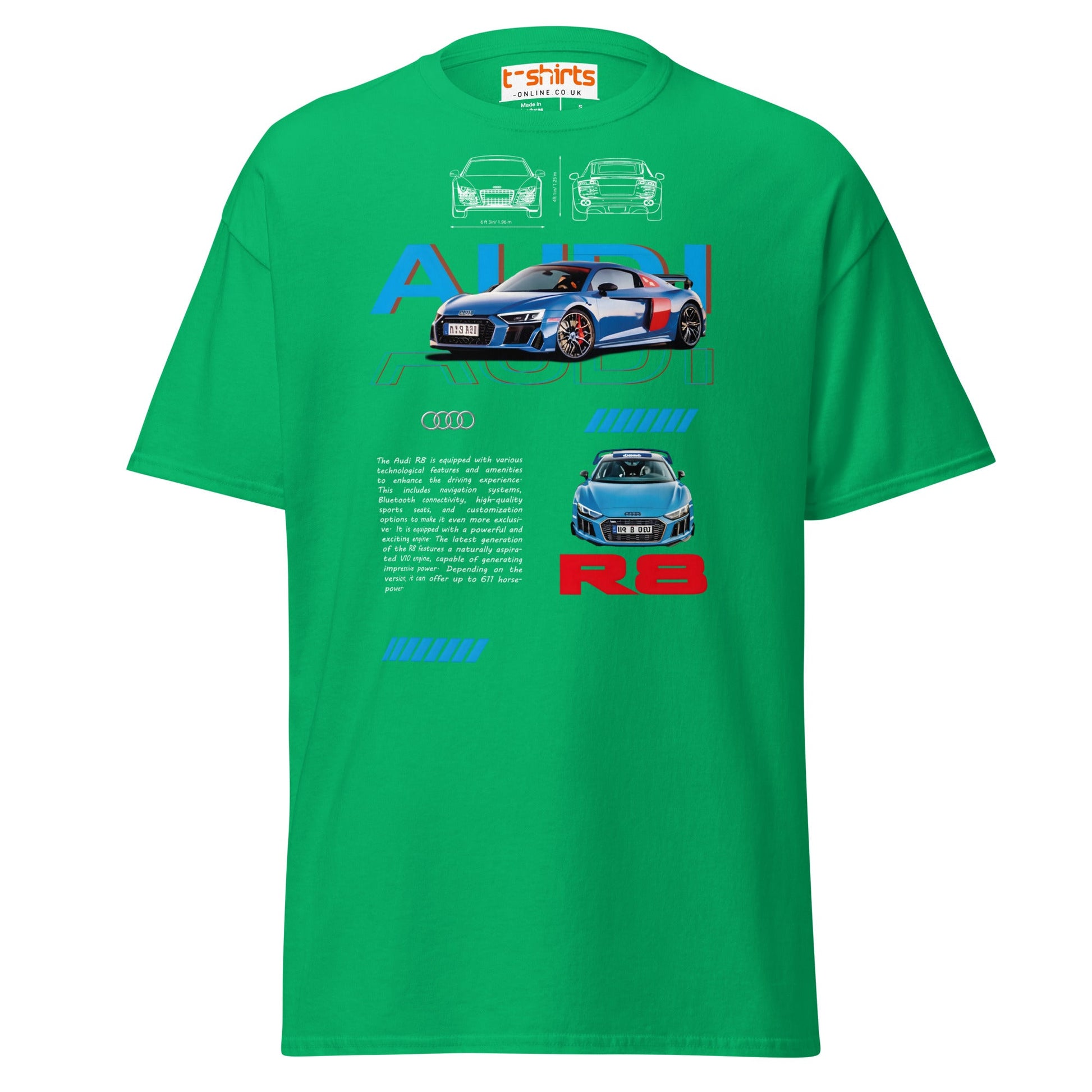 Audi R8 Blueprint T-Shirt | Supercar Enthusiast Tee - Irish Green - T-Shirts Online