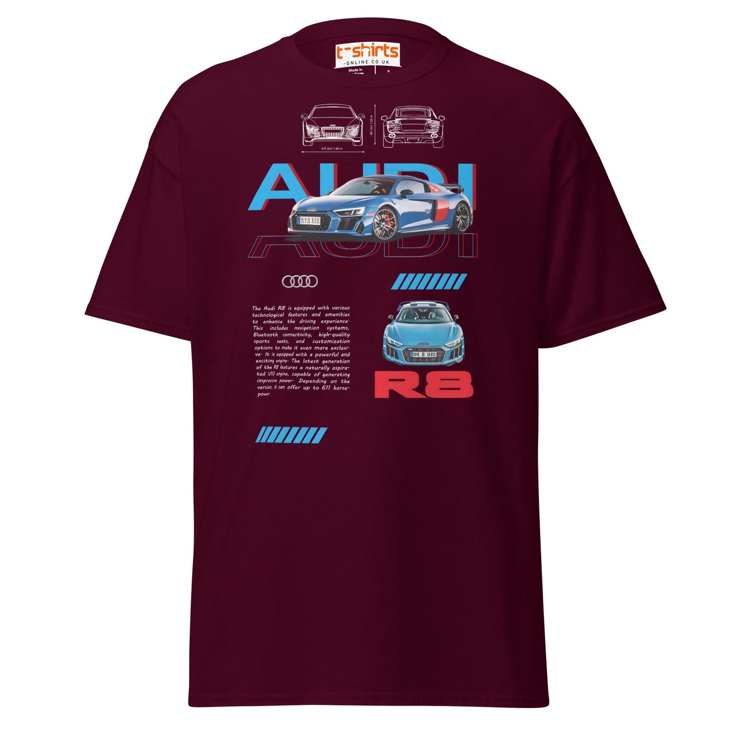 Audi R8 Blueprint T-Shirt | Supercar Enthusiast Tee - Maroon - T-Shirts Online