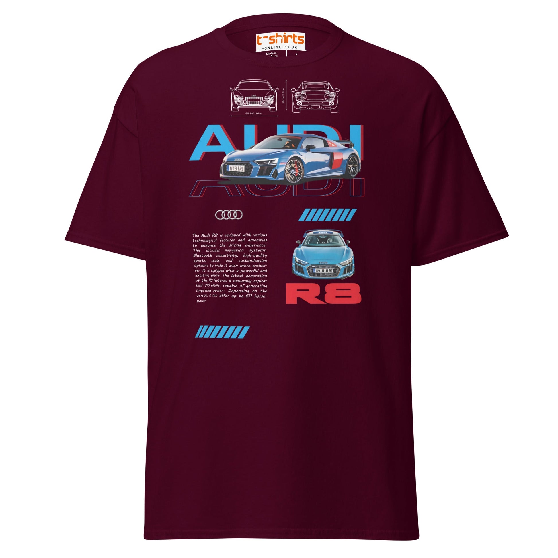 Audi R8 Blueprint T-Shirt | Supercar Enthusiast Tee - Maroon - T-Shirts Online