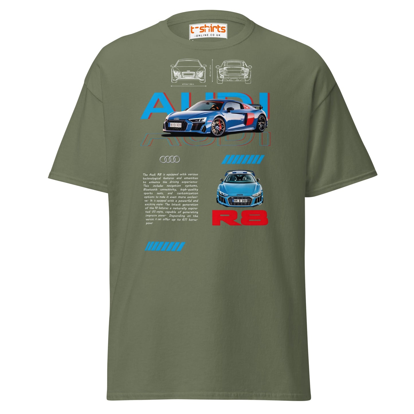 Audi R8 Blueprint T-Shirt | Supercar Enthusiast Tee - Military Green - T-Shirts Online