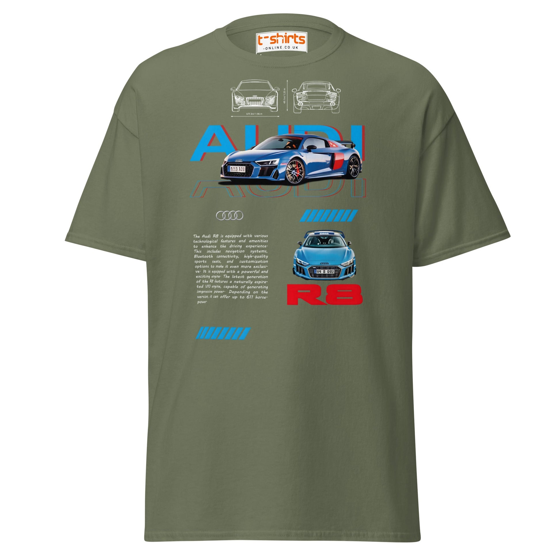 Audi R8 Blueprint T-Shirt | Supercar Enthusiast Tee - Military Green - T-Shirts Online