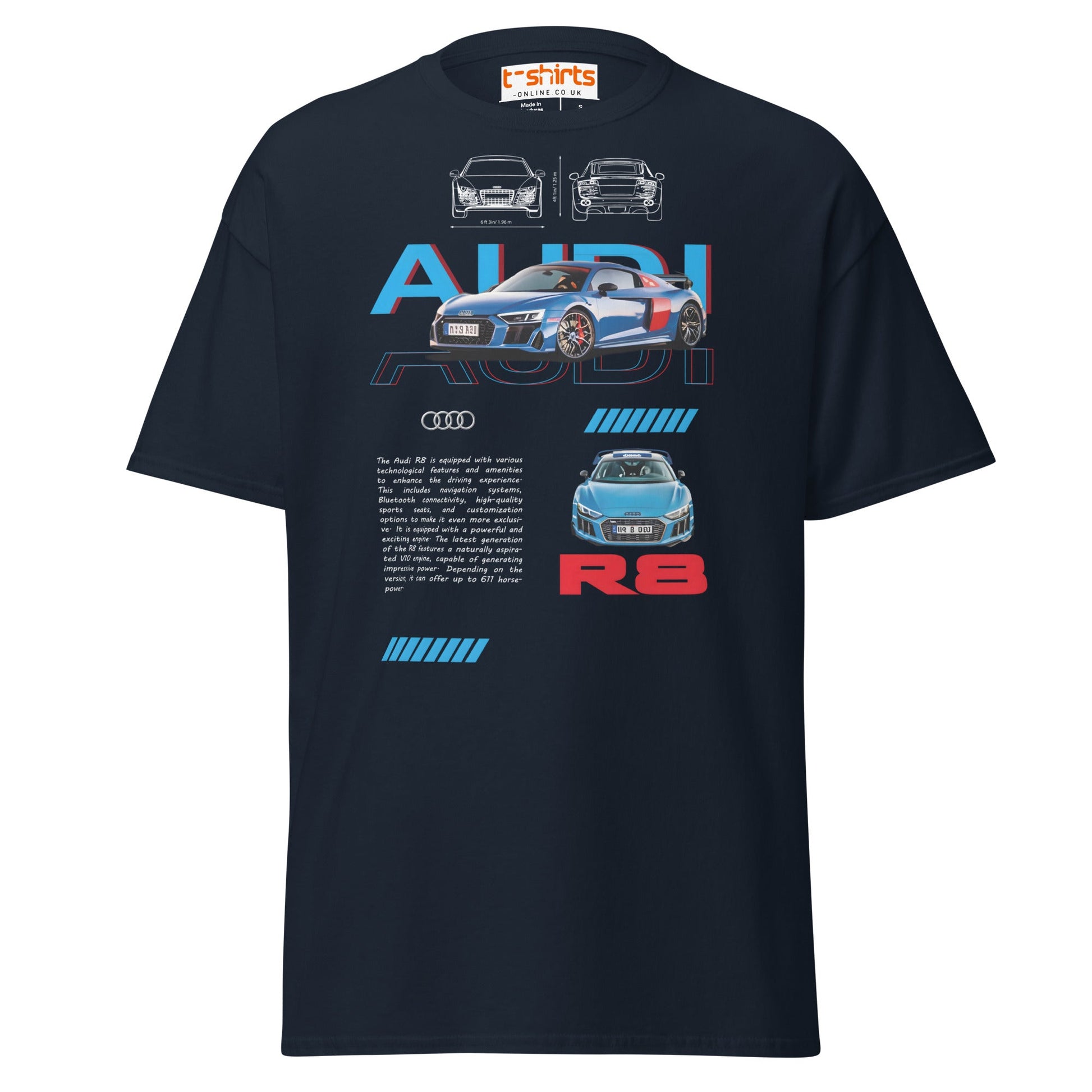 Audi R8 Blueprint T-Shirt | Supercar Enthusiast Tee - Navy - T-Shirts Online