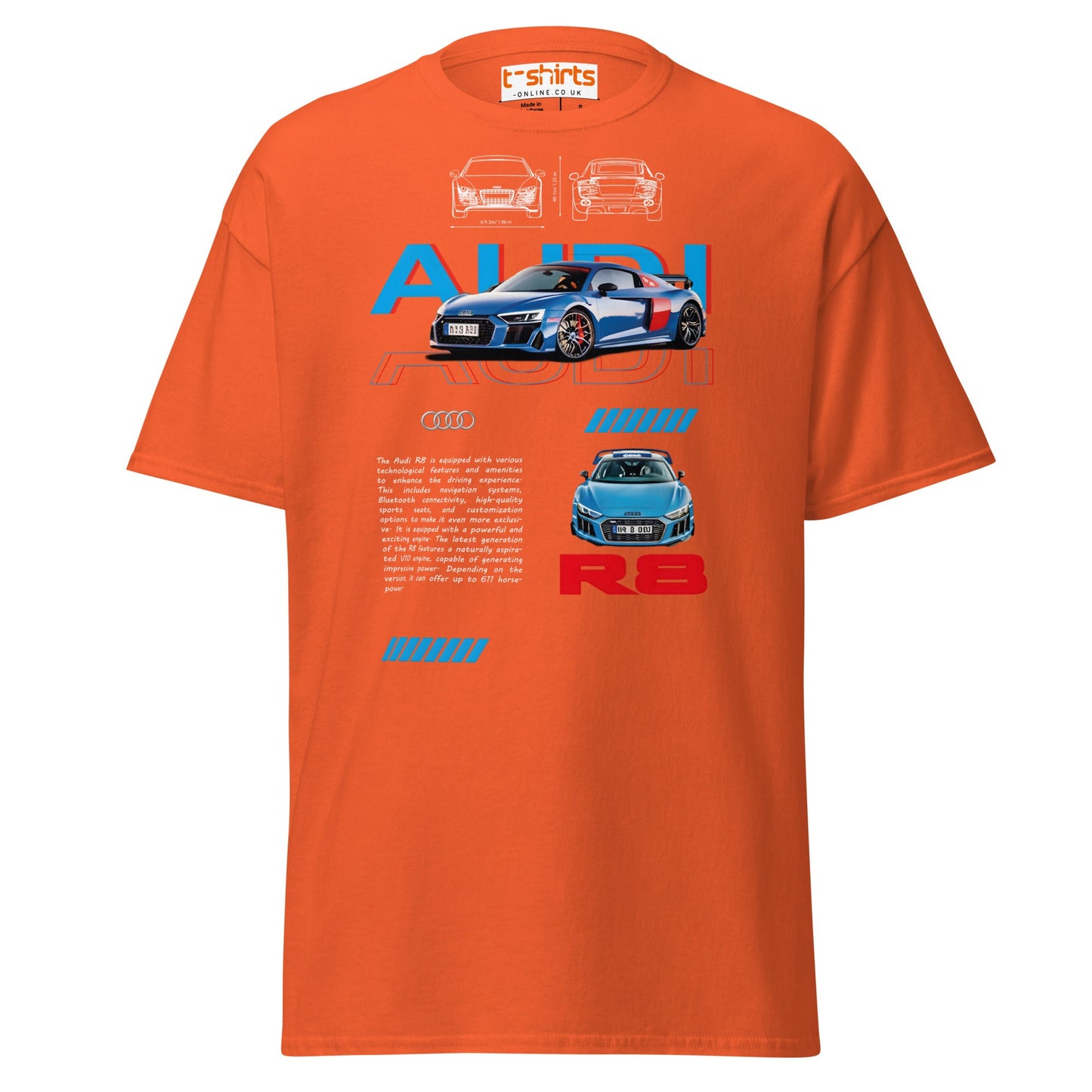 Audi R8 Blueprint T-Shirt | Supercar Enthusiast Tee - Orange - T-Shirts Online