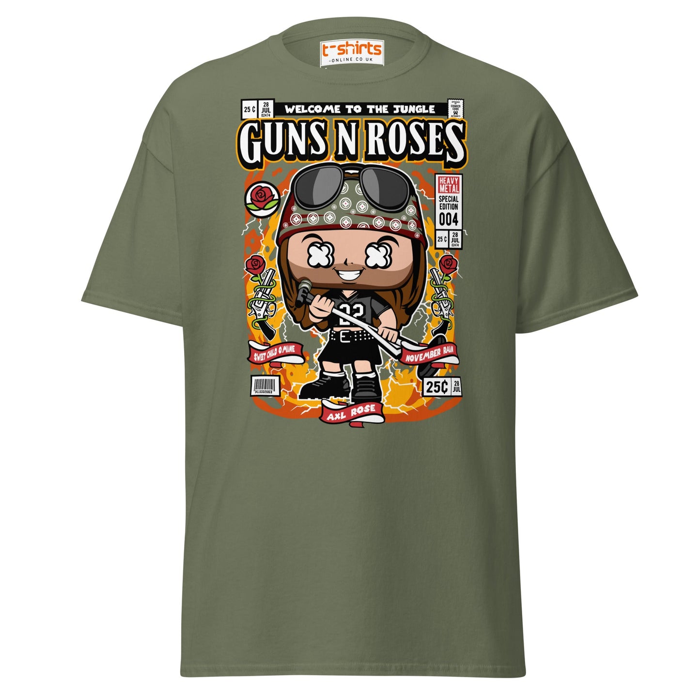 Axl Rose Funko Style T-Shirt – Rock Band Comic Tee - Military Green - T-Shirts Online