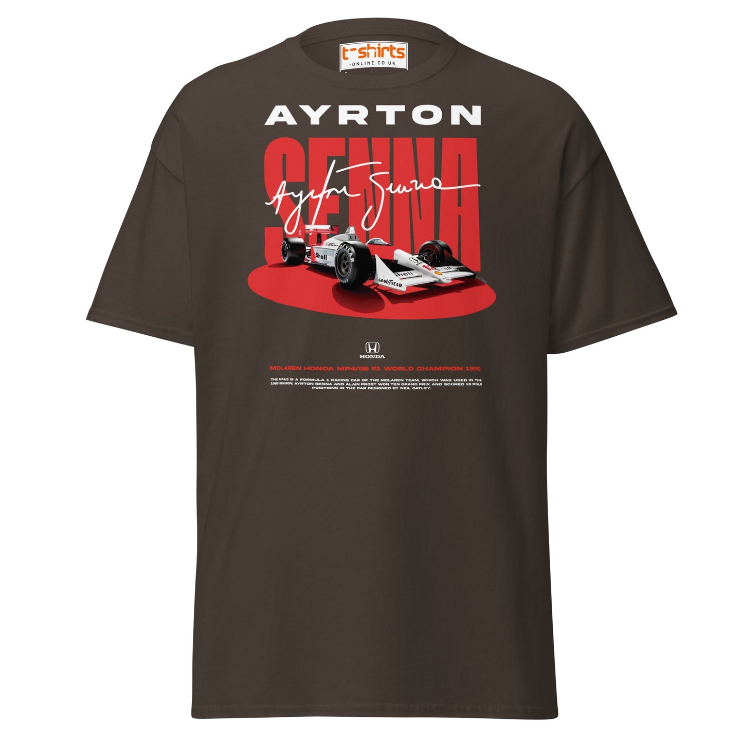 Ayrton Senna McLaren Honda F1 Tribute T-Shirt - Dark Chocolate - T-Shirts Online