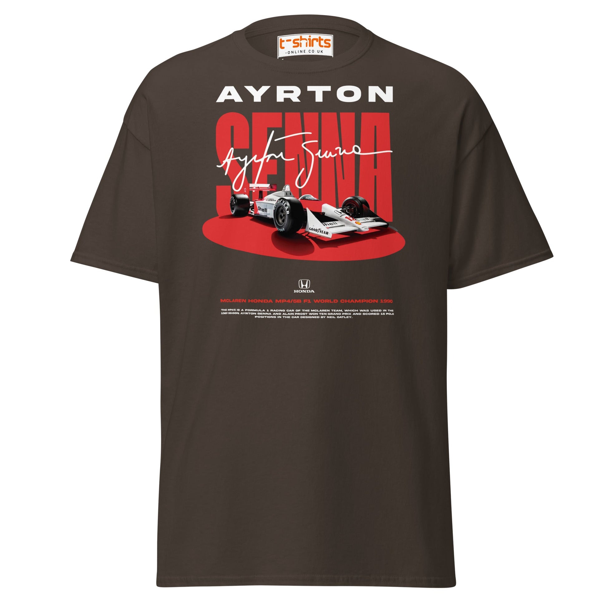 Ayrton Senna McLaren Honda F1 Tribute T-Shirt - Dark Chocolate - T-Shirts Online