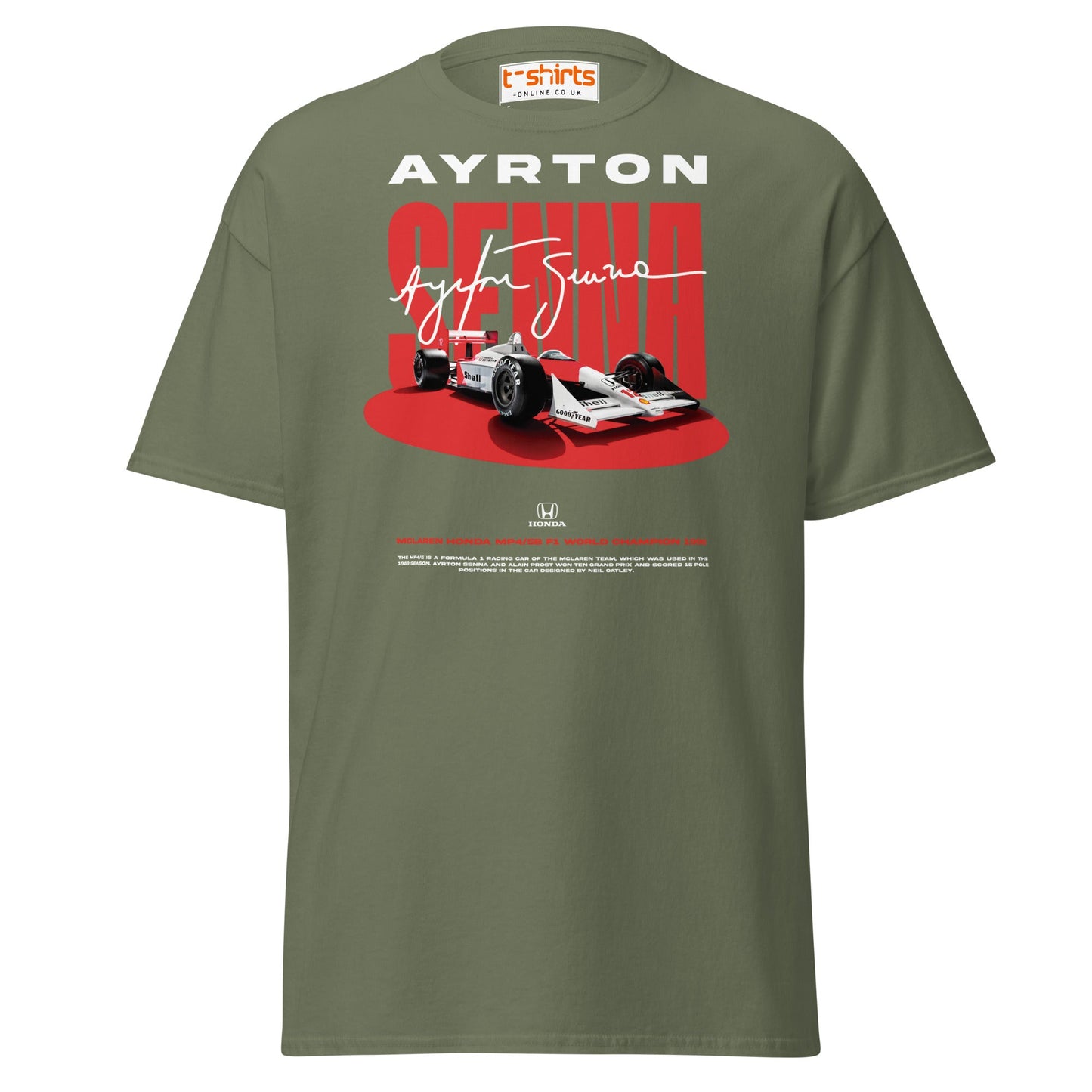 Ayrton Senna McLaren Honda F1 Tribute T-Shirt - Military Green - T-Shirts Online