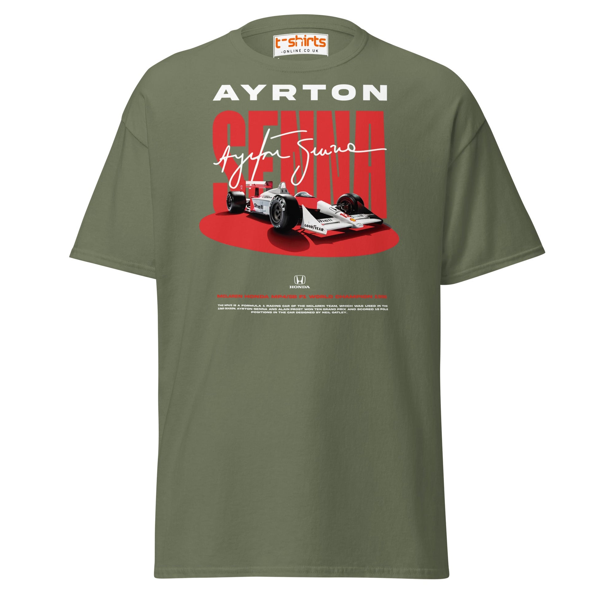 Ayrton Senna McLaren Honda F1 Tribute T-Shirt - Military Green - T-Shirts Online