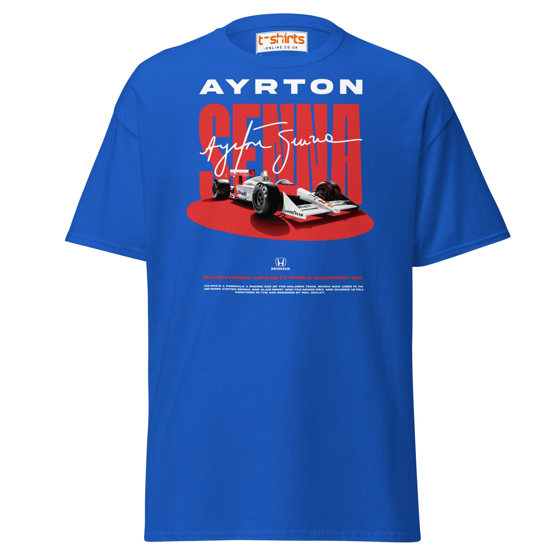 Ayrton Senna McLaren Honda F1 Tribute T-Shirt - Royal - T-Shirts Online