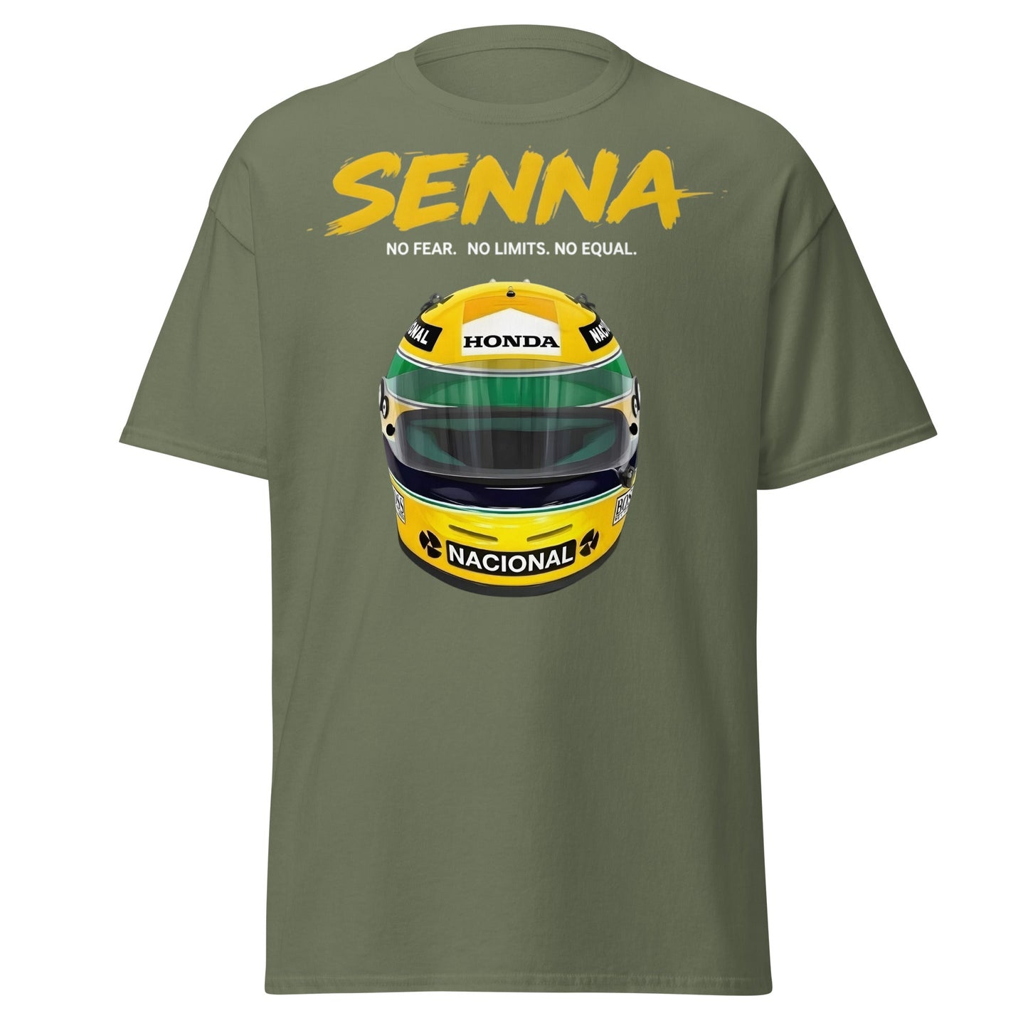 Ayrton Senna Racing Helmet Tribute T-Shirt - F1 Legend Tee - Military Green - T-Shirts Online