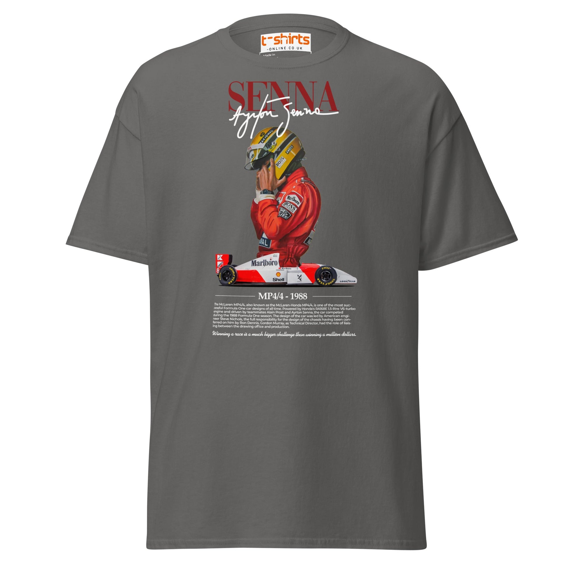 Ayrton Senna T-Shirt | MP4/4 1988 F1 Tribute Tee - Charcoal - T-Shirts Online