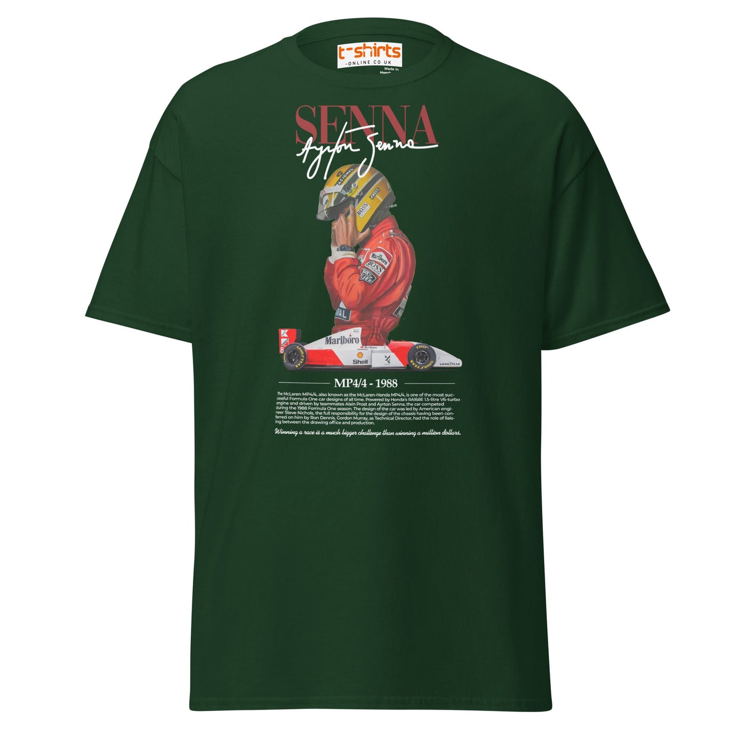Ayrton Senna T-Shirt | MP4/4 1988 F1 Tribute Tee - Forest Green - T-Shirts Online