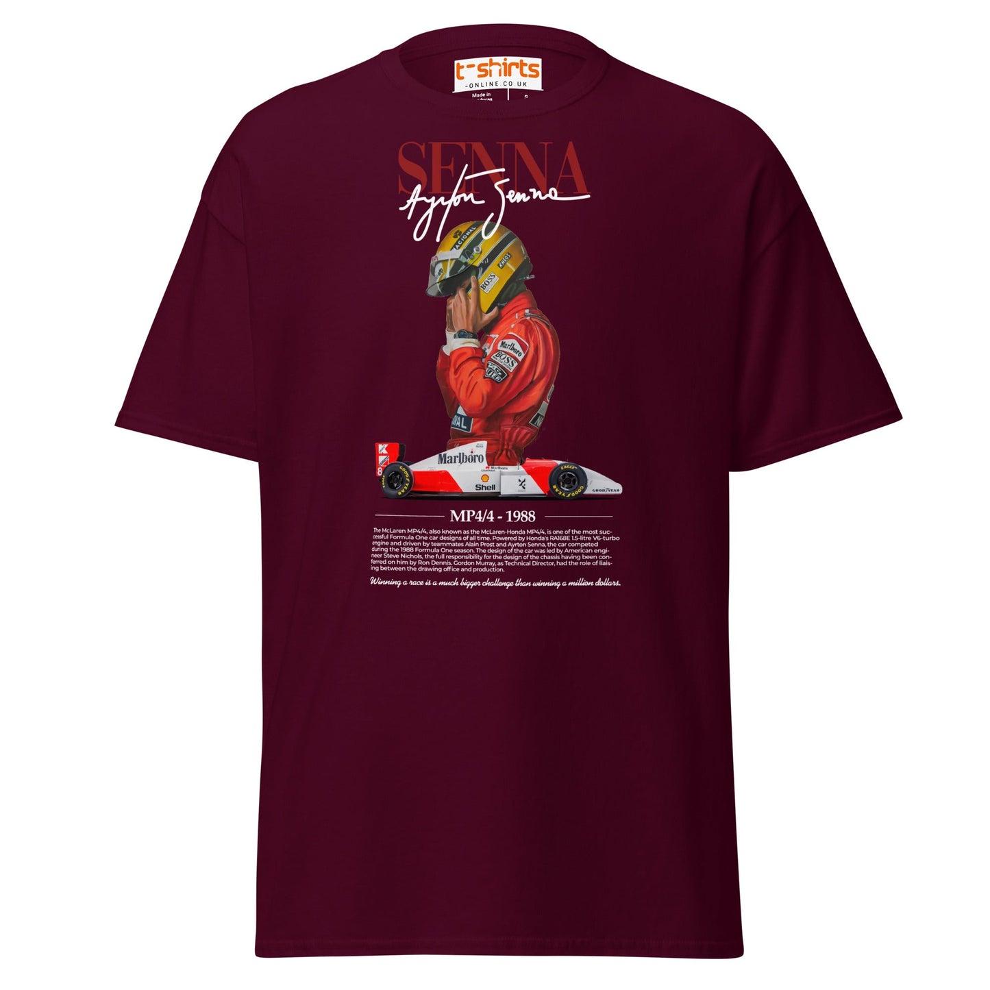 Ayrton Senna T-Shirt | MP4/4 1988 F1 Tribute Tee - Maroon - T-Shirts Online