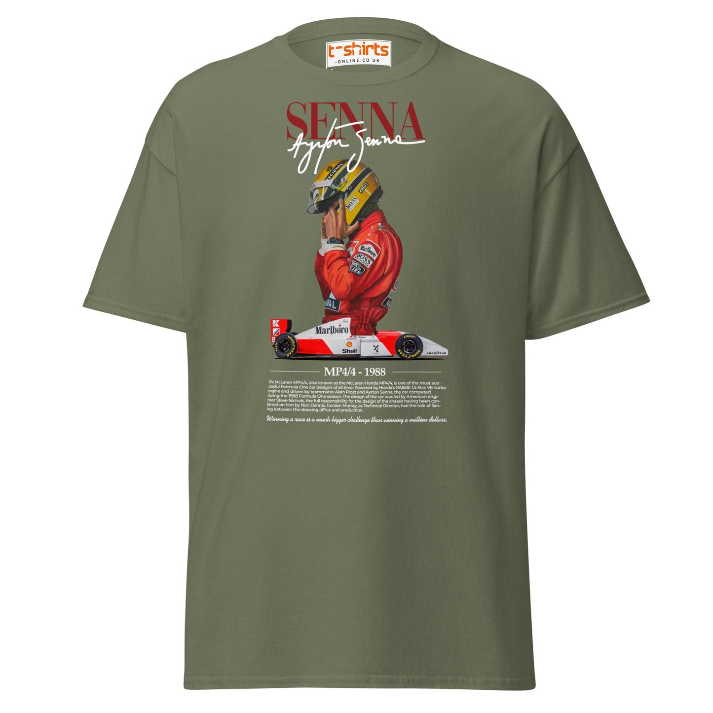 Ayrton Senna T-Shirt | MP4/4 1988 F1 Tribute Tee - Military Green - T-Shirts Online