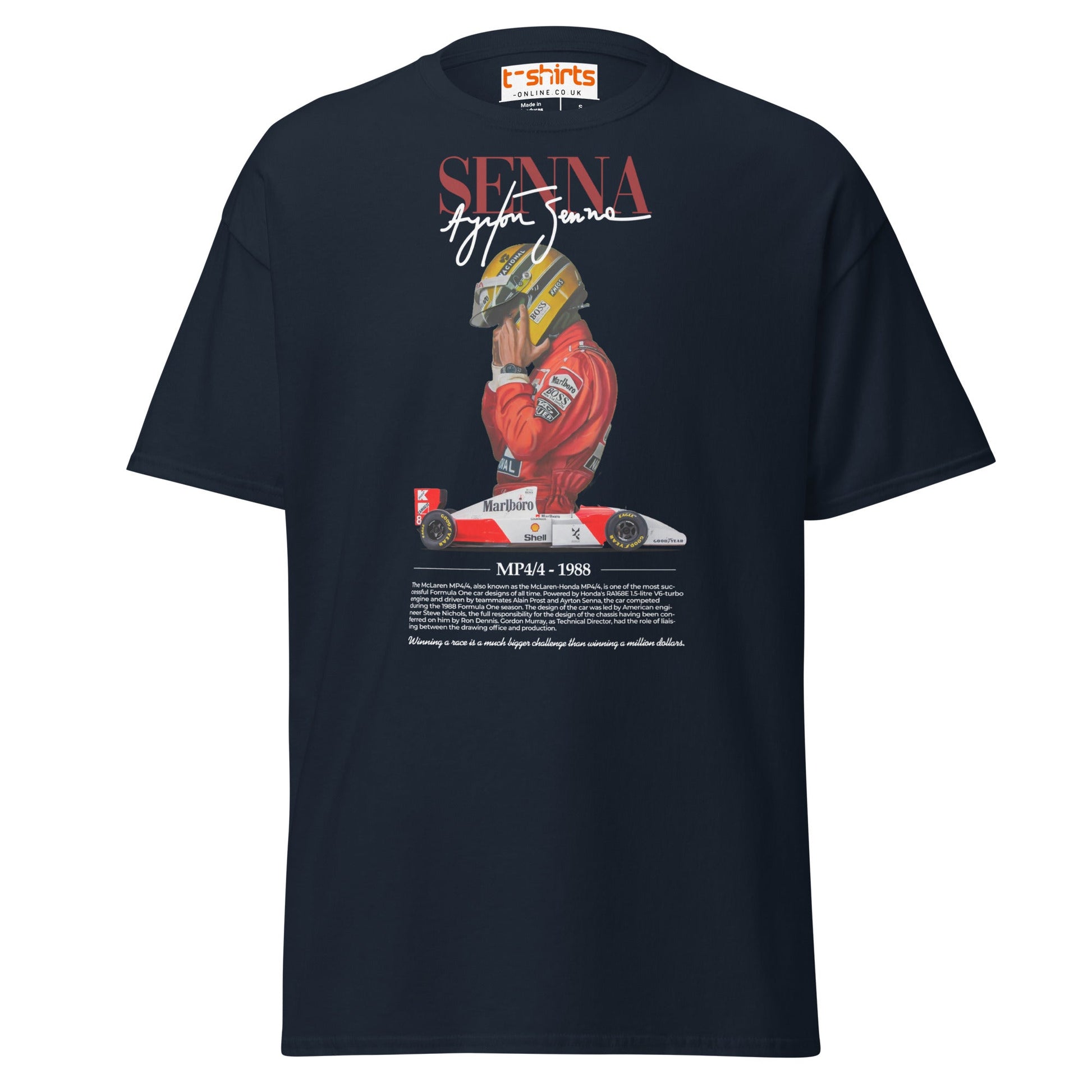 Ayrton Senna T-Shirt | MP4/4 1988 F1 Tribute Tee - Navy - T-Shirts Online