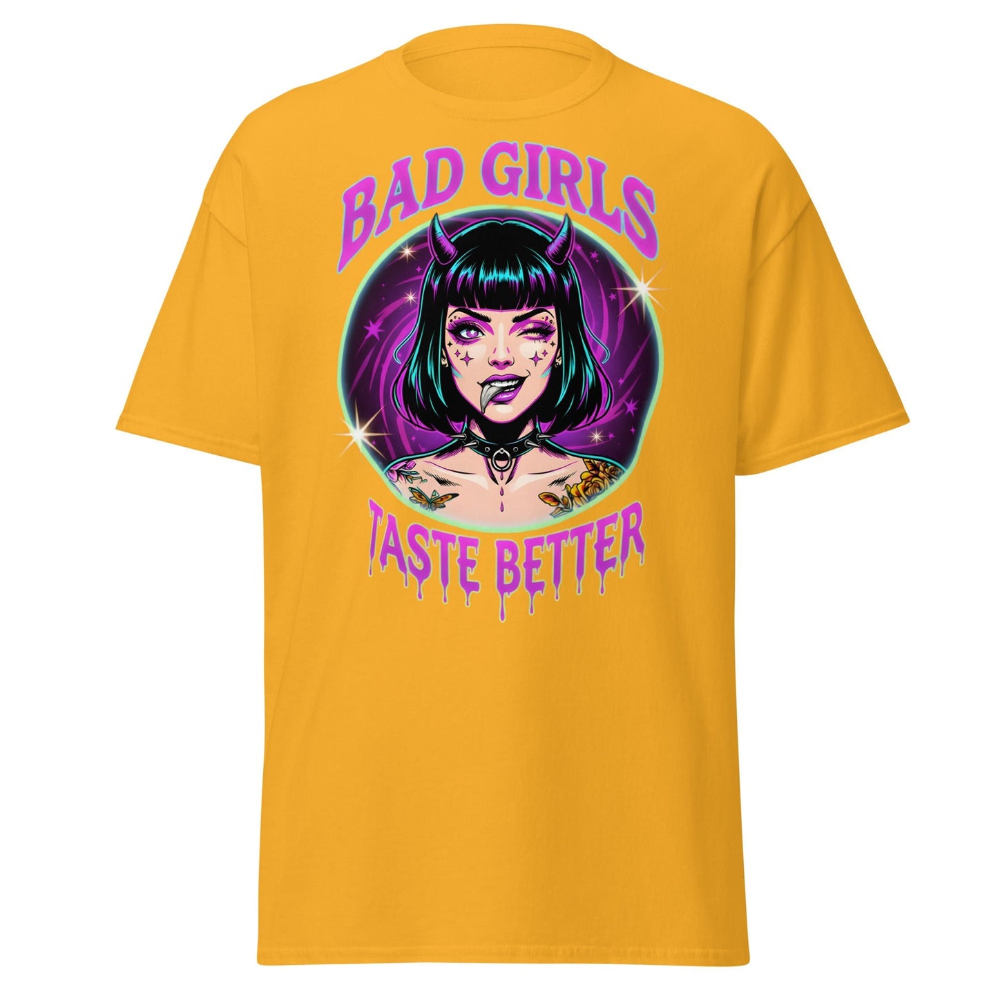 Bad Girls Taste Better T-Shirt | Edgy Neon Demon Tee - Gold - T-Shirts Online