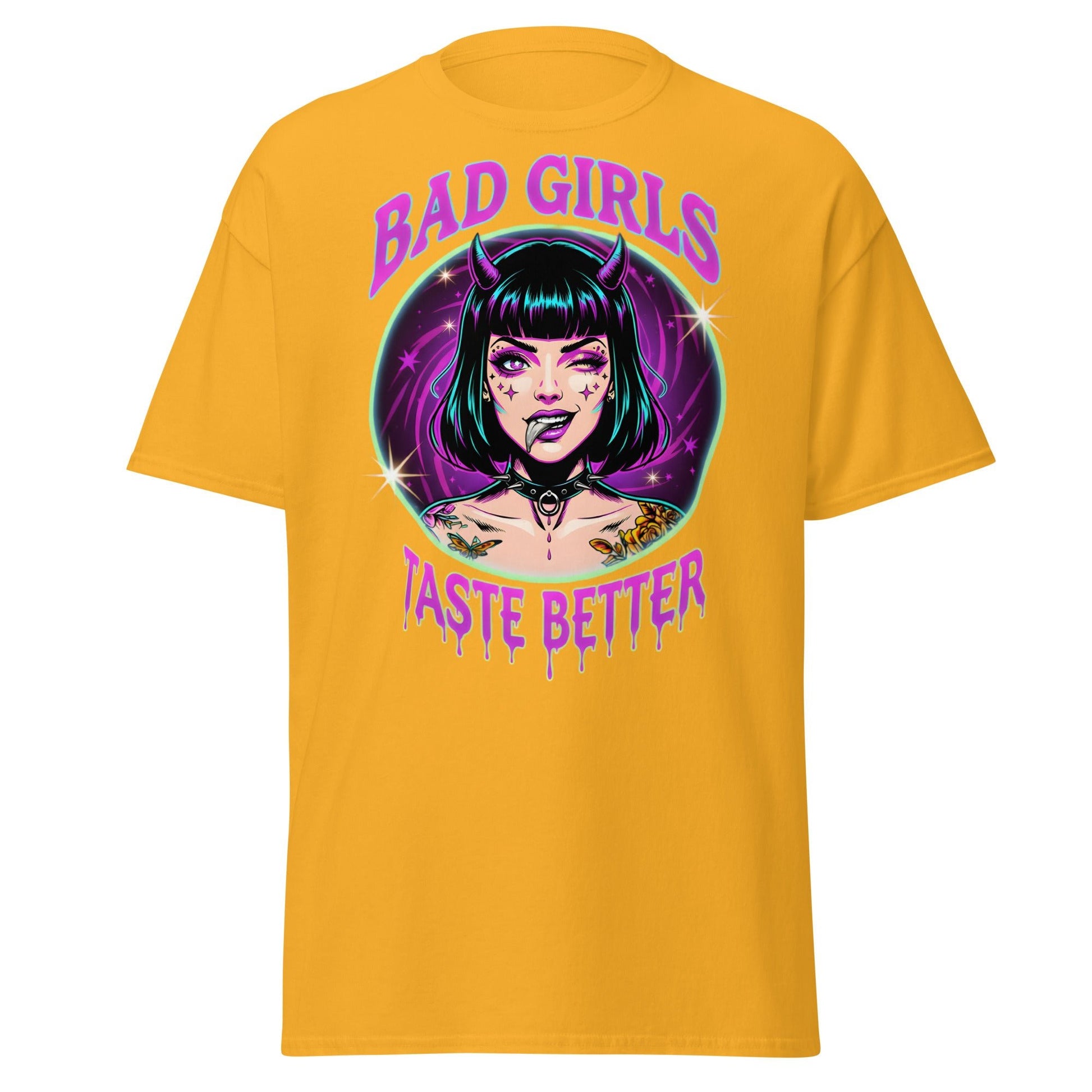 Bad Girls Taste Better T-Shirt | Edgy Neon Demon Tee - Gold - T-Shirts Online